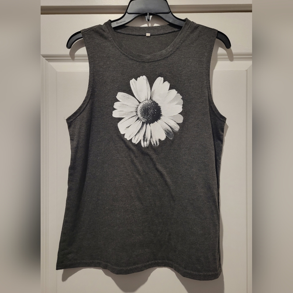 Gray Sleeveless Top with Floral Design